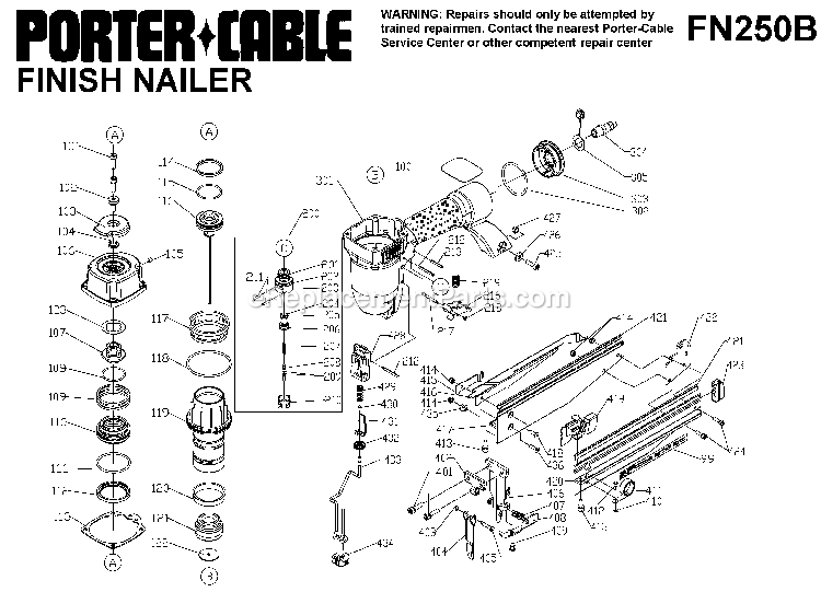 Porter Cable FN250B (Type 1) Finish Nailer Power Tool Page A Diagram